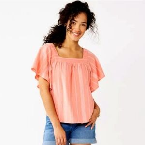 Sonoma Goods For Life Top XXL Coral Striped Flutter Sleeves Square Neck Flowy